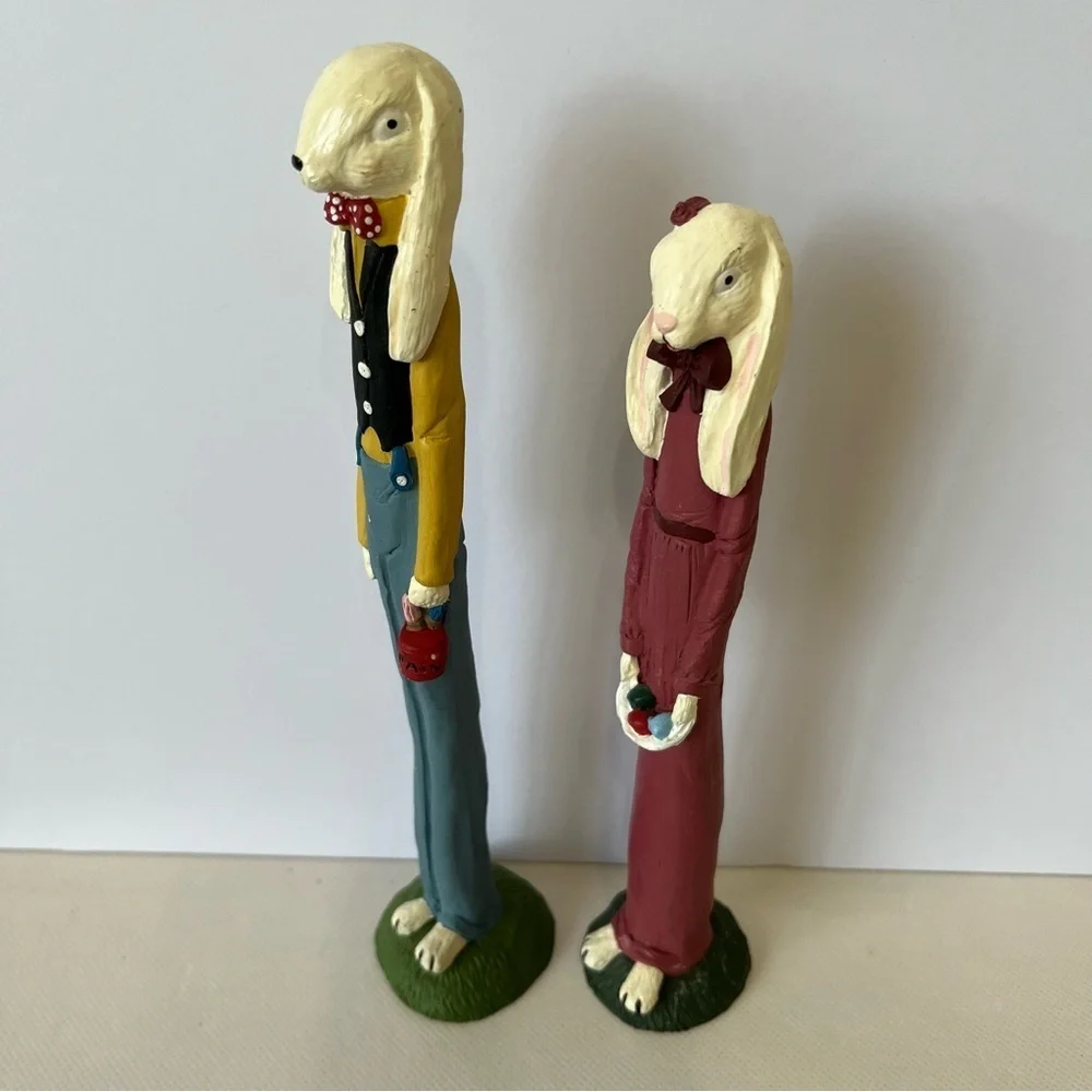 Vintage TNT 1991 Tall Skinny Rabbit Couple Easter Eggs Figurines Set Folk Art